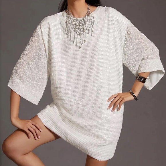 Brand New White Anthropologie Let Me Be Sequin Mini Dress Bridal Wedding Beaded - Picture 2 of 5